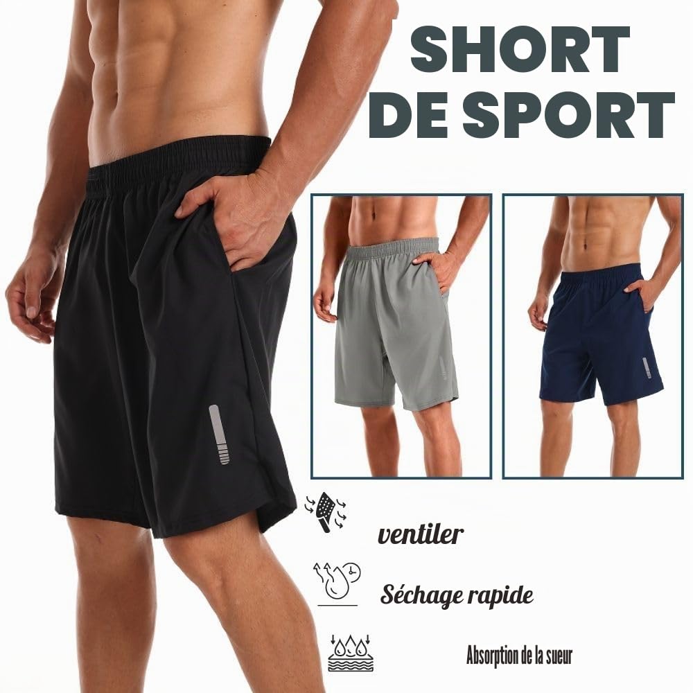 Lot de 3 shorts de sport pour homme à séchage rapide, pour la gym, la course à pied, l’entraînement