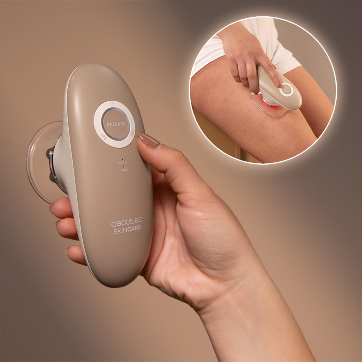 Cecotec Masseur Corporel Anti-Cellulite SkinCare Push Up Suction. 3 Modes : EMS, Corps et Visage, Fonction Succion, Lumière Rouge, 2 Têtes, 3 Intensités, Autonomie 60 mins, Arrêt Automatique