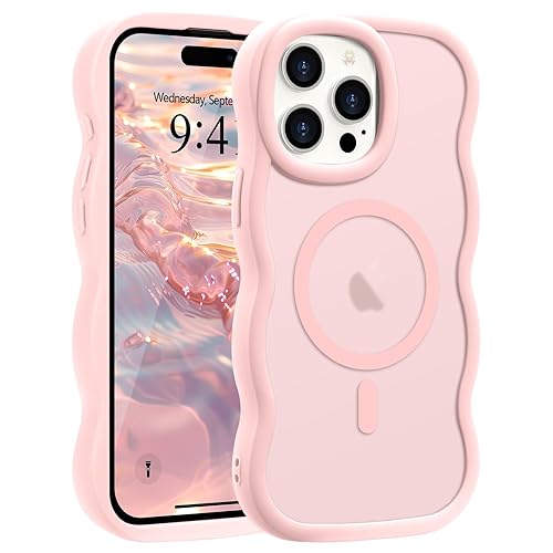 Pepmune Magnetic for iPhone 15 Pro Case [Compatible with Magsafe] Translucent Matte Cute Curly Wave Frame Phone Case,Soft TPU Bumper Slim Fit Shockproof Protective Cover for Men Women-Light Pink - iPhone 15 Pro - Light Pink