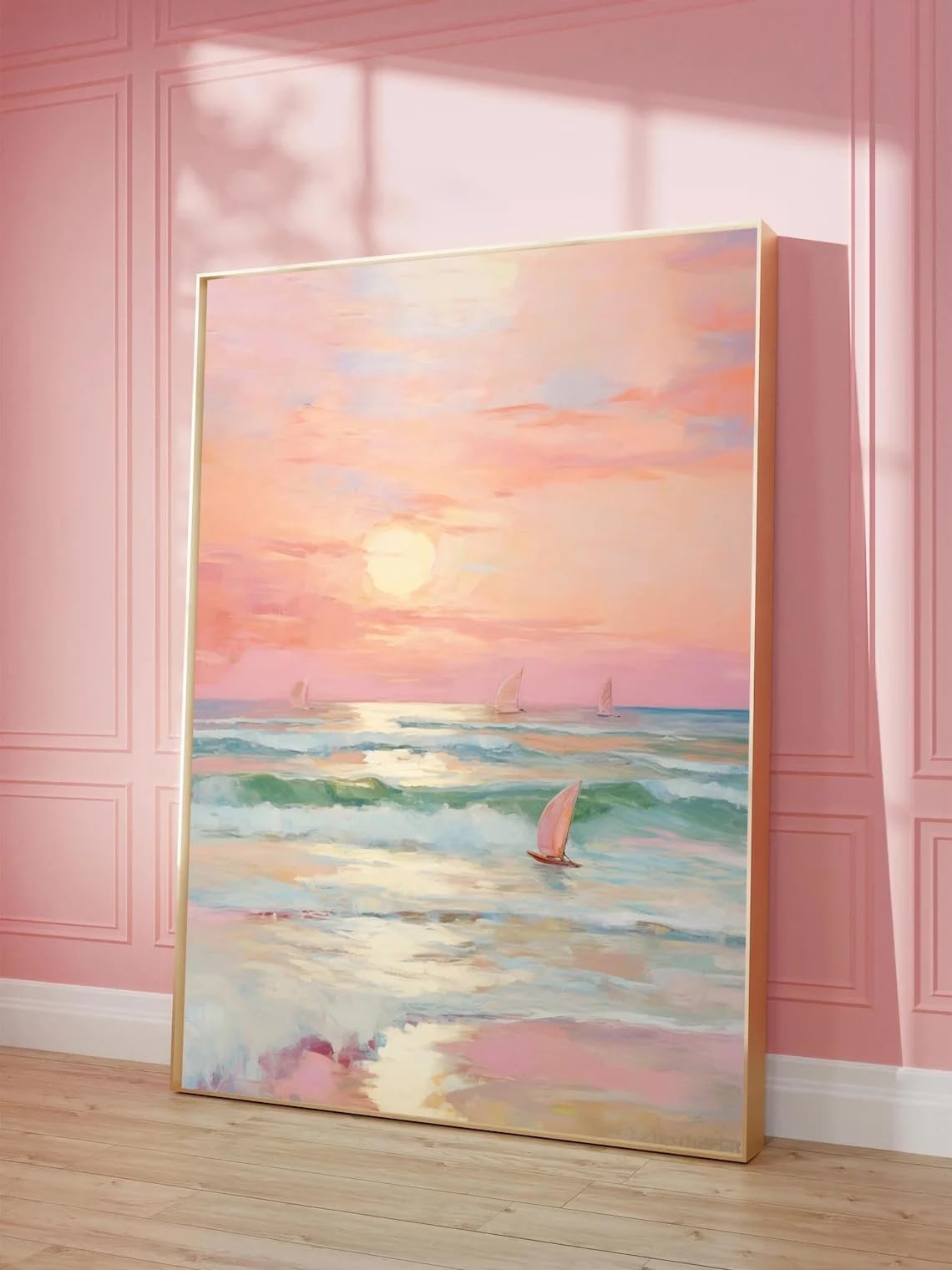 GKUVBF Pastel Sunset Blush Pink Coastal Beach Ocean Canvas Painting Poster Boho Wall Art Decor Girly Dorm Room Prints(60x80cm/Frameless)