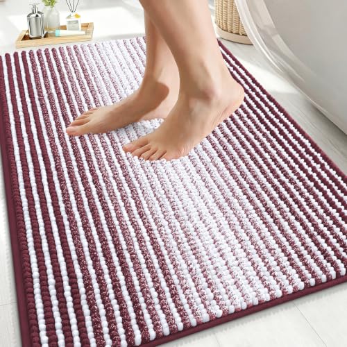 Image of OLANLY Bathroom Rugs 36x24, Soft Chenille Striped Bath Rugs, Burgundy