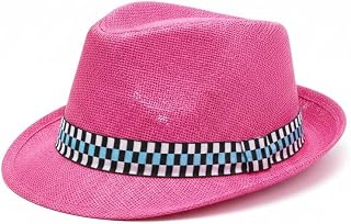 Bead store Kids Straw Fedora Sun Hat, Pink with Checkered Band, for Ages 5-10 Years Price In India