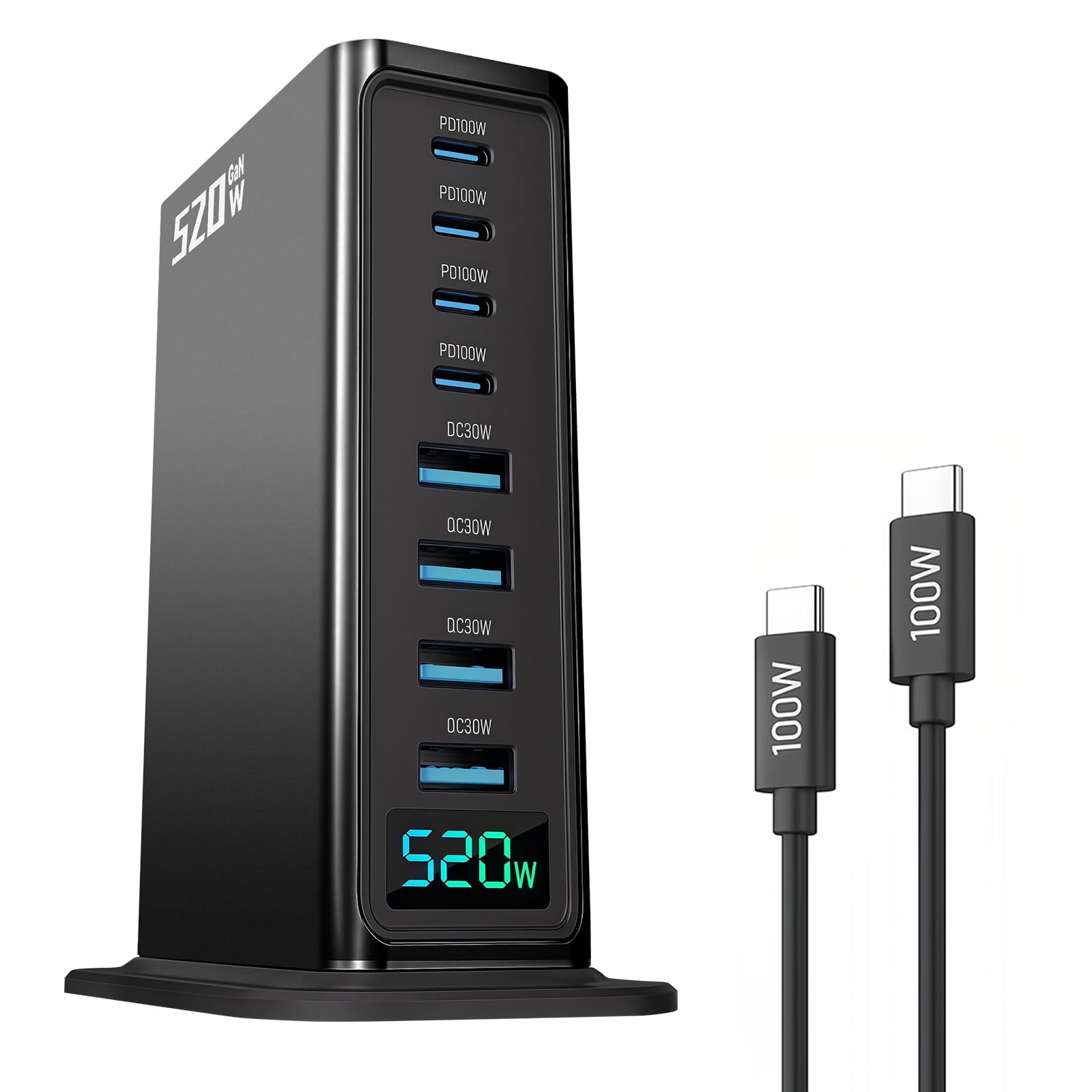 YQQHZQ 520W USB C Fast Charger Block, 8 Port USB Charging Station, GaN Charger Double 100W PD3.1 PPS Port Fast Charging Station, Laptop Charging for