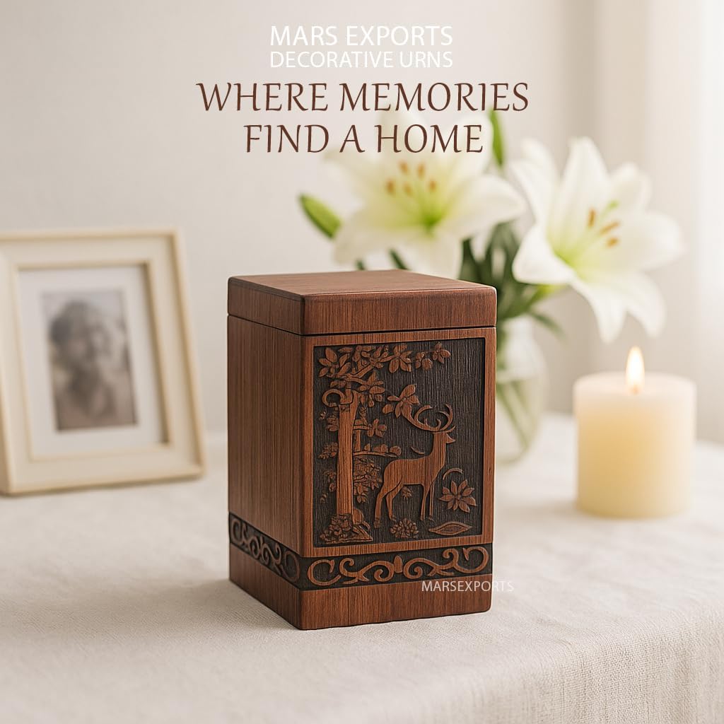Wooden Cremation Urns Box for Human Ashes, Memorial Keepsake Boxes for Adults, Male/Female,Child, Pets Dog Cat Wood Burial Funeral Container (Deer) Urn, Capacity (Small)