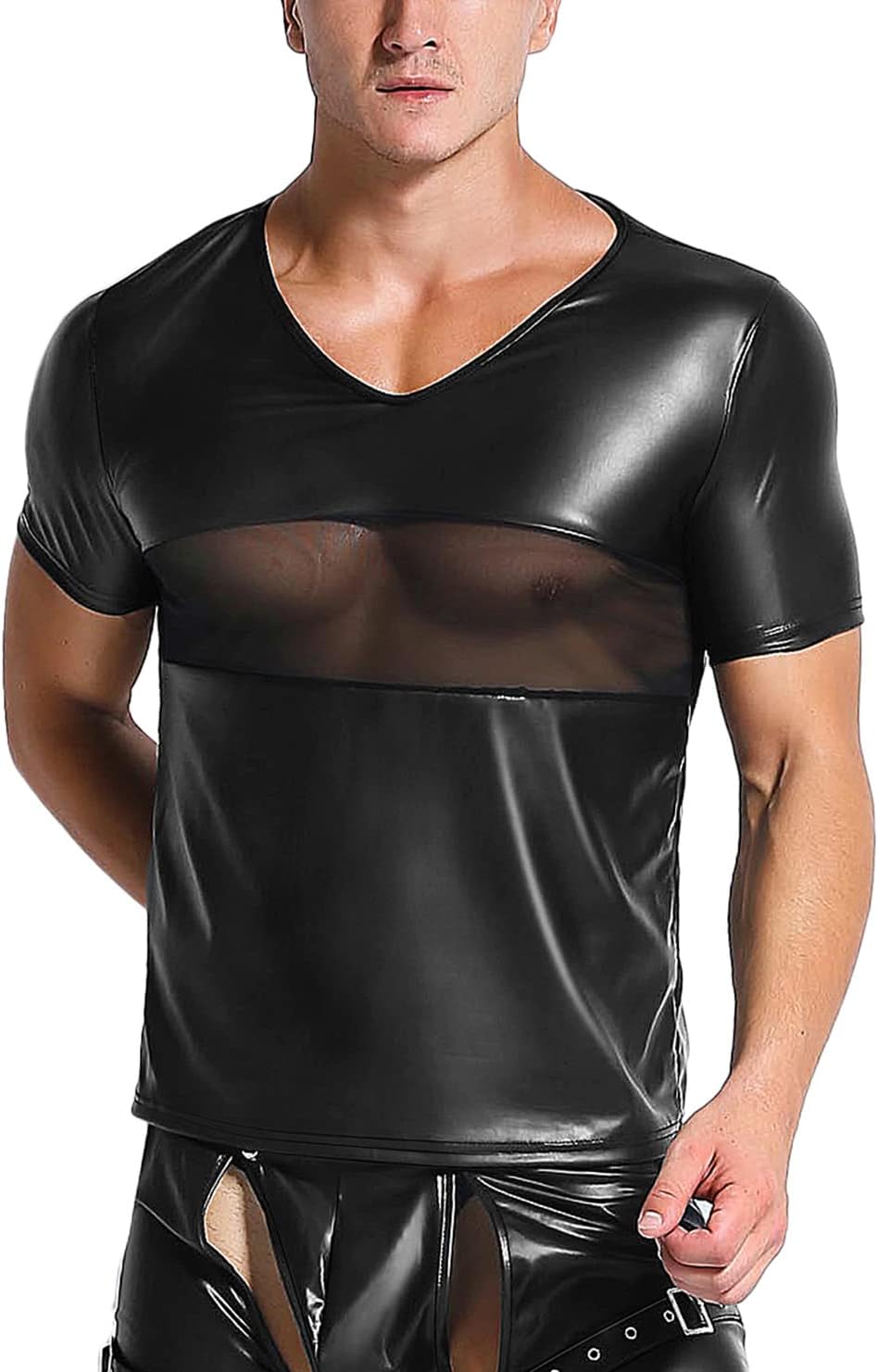 Panegy Men's Sculpting Leather Short Sleeves Side Mesh Cross Bodysuit Slim Fit Briefs Sexy Waist