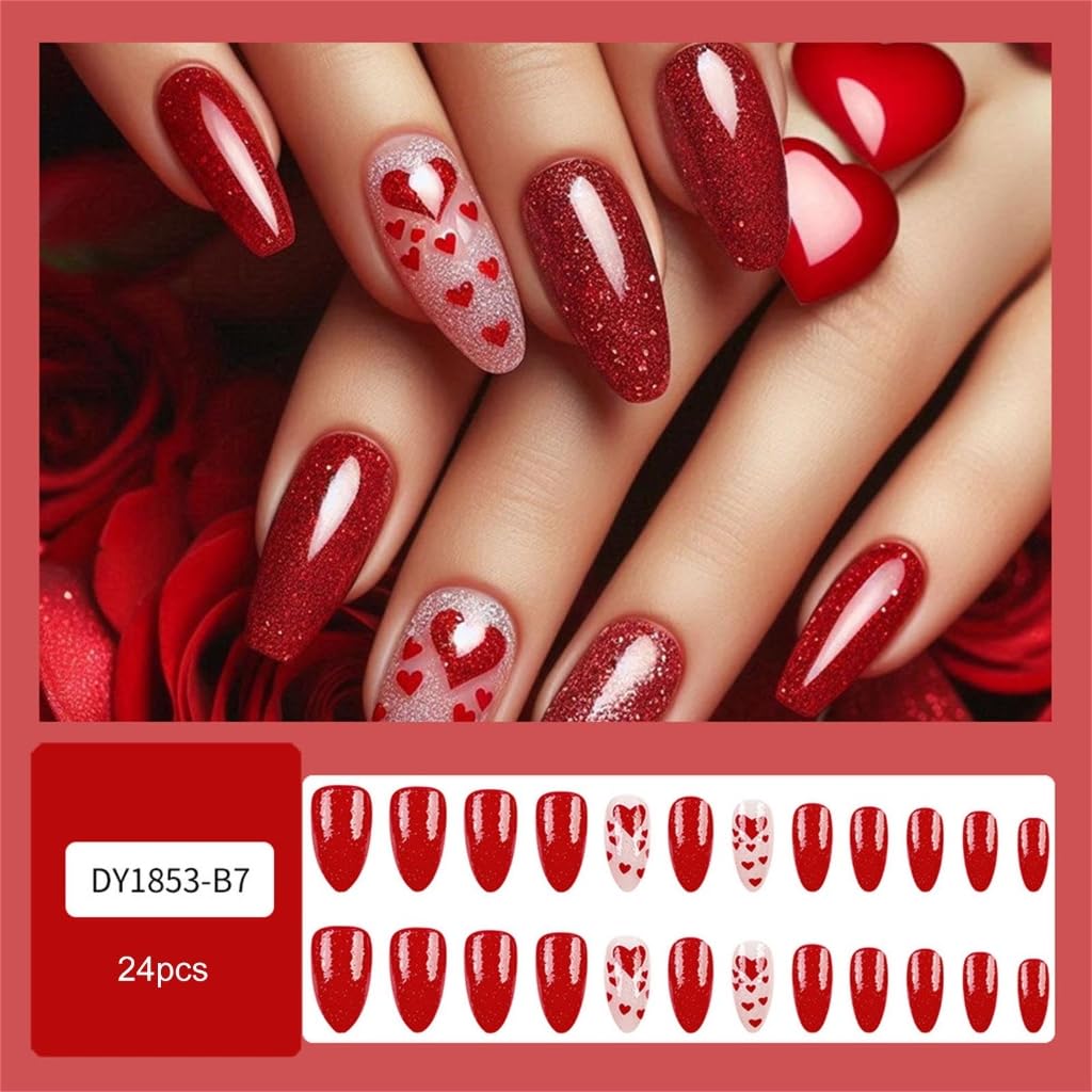 24 Pcs Valentines Day Heart False Nails Almond Shape Full Covers Stick on Nails Glittering Acrylic Nails