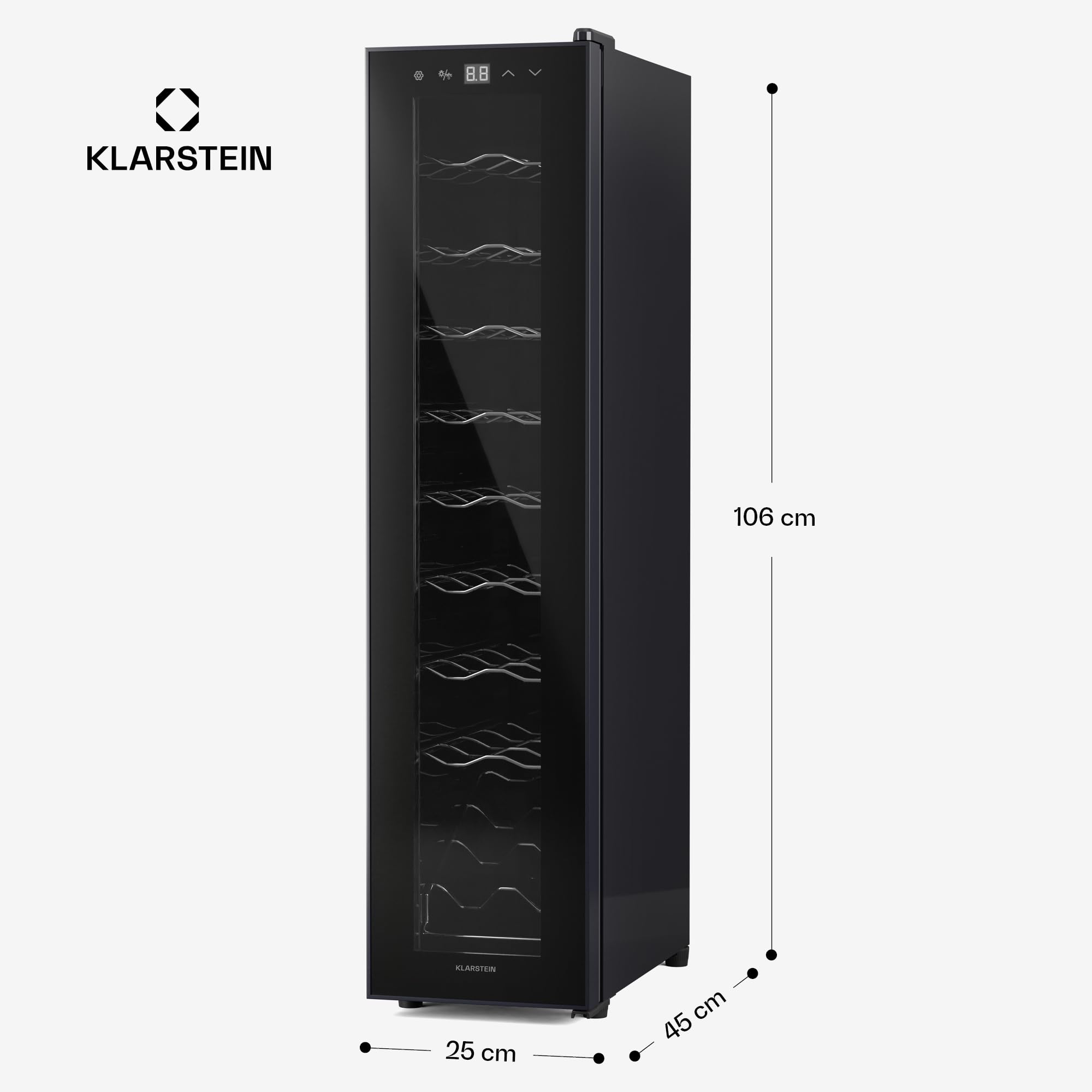 Klarstein Lodówka na wino, 1-strefowa, ze szklanymi drzwiami, cicha lodówka do użytku wewnątrz i na zewnątrz, 50 l, mała lodówka na napoje, na 18 butelek