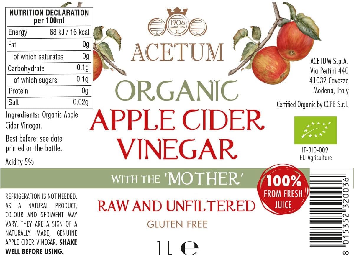 ACETUM DE MODENA - Vinagre Sidra de Manzana Madre - Ecológico - Sin preservantes ni conservantes - Orgánico, sin filtrar y sin pasteurizar - 2L (2 botellas 1L) - Lo mejor para tu salud - 100% zumo