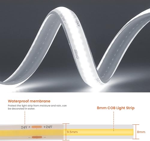 Miniatura 3 de HEGEHE COB - Tira de luz LED 0.5M1.64FT, DC24V 320LEDSm, tira LED flexible súper brillante luz diurna blanca 6500K COB cinta luces impermeable IP68