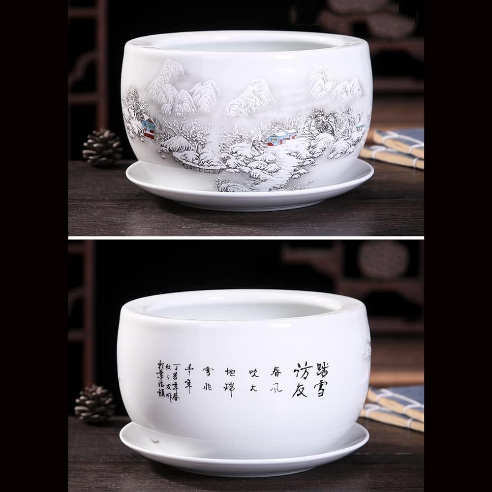 White Ceramic Planter, Round Flower Pot with Embossed Winter Landscape Scene & Saucer, Traditional Chinese Style Decorative Pot for Indoor Plants, Unique Tabletop Home Decor Accent