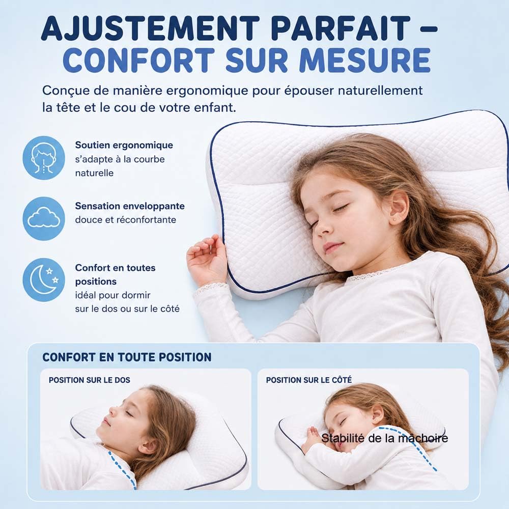 Oreiller Ergonomique Enfant,CôTéS Froids et Chauds,La Petite Nuit Enfant Oreiller,3 Hauteurs au Choix,Outien Lombaire 5 Zones,Adapté à Toutes Les Saisons, LéGer et Respirant (hauteur2-4cm)