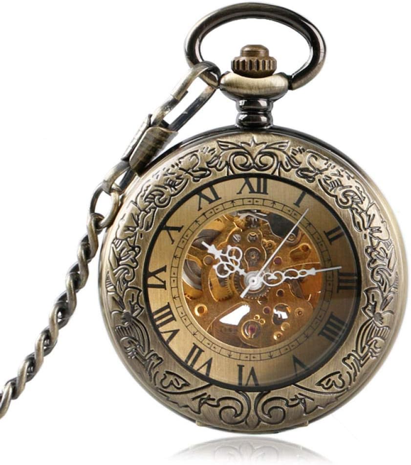 OIFMKC Pocket Watch Vintage Watch NecklaceBronze Pocket Watch Clock Pendant Roman Numerals Steampunk Auto Mechanical Women Men Copper Xmas Gift Fob