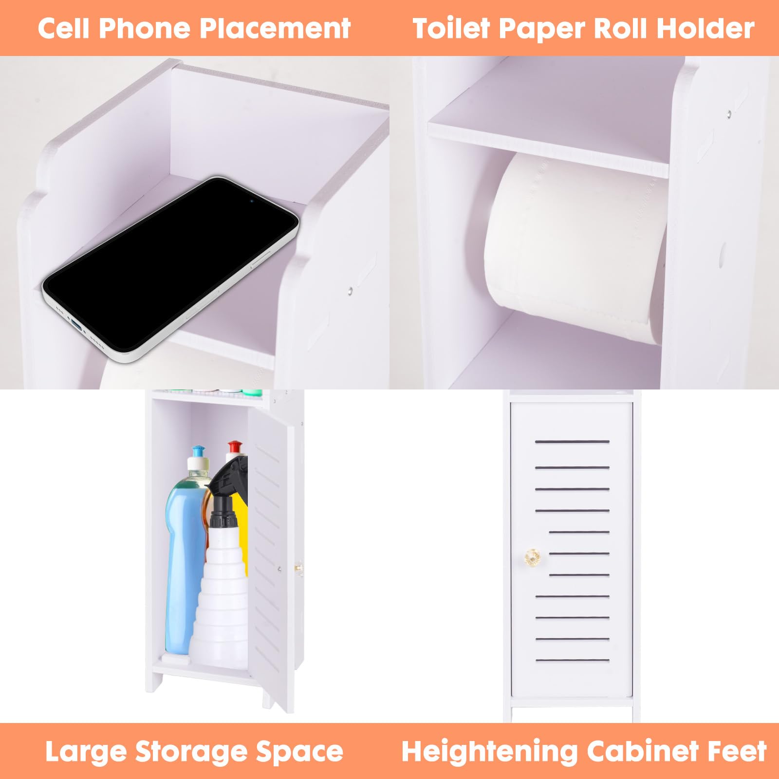 powerking Porta carta igienica, piccolo armadietto da bagno con ante e ripiani, sottile multistrato per bagno, piccoli spazi, pavimento angolare, bianco