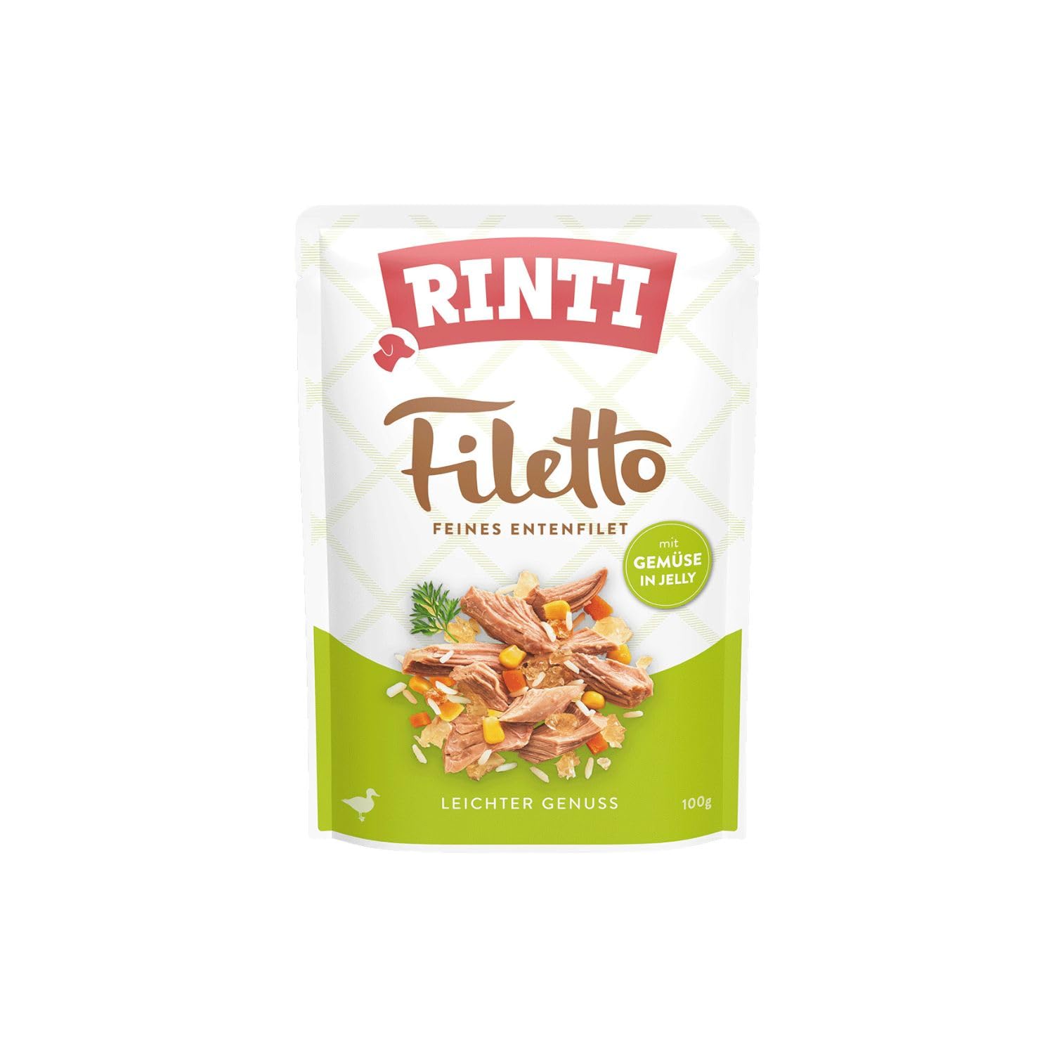 RINTI - Filetto | Leicht verdauliches Nassfutter für ausgewachsene Hunde. Ergänzungsfutter in Jelly im Frischebeutel ohne Farb- und Konservierungsstoffe | 24x100g Ente + Gemüse