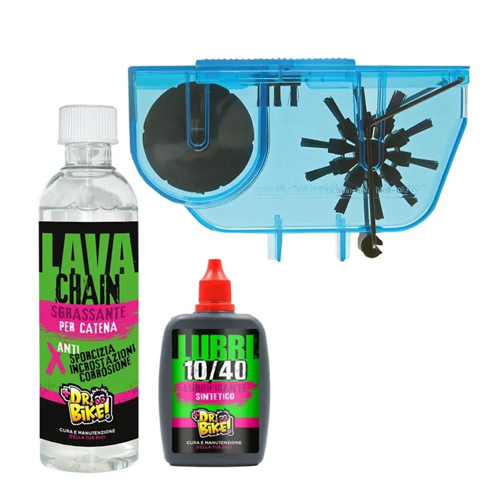 Kit manutenzione per catene bici. Kit pulizia bici con macchinetta lavacatena, sgrassante catena bici 250ml, lubrificante sintetico catena bici 75ml. Pulisci catena bici. Pulizia profonda.