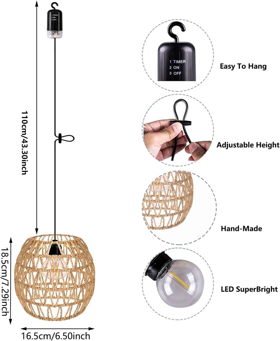 3x Rattan Hängelampe mit Batterie Außen Innen Hängeleuchte Batteriebetriebene Lampe Tragbare Boho Korb Lampenschirm Pendelleuchte ohne Strom Stromanschluss Outdoor Beleuchtung für Garten