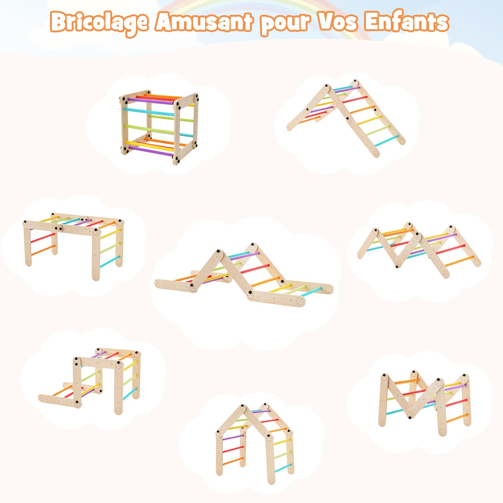 COSTWAY Triangle D'Escalade 5-en-1 Montessori – Échelle, Toboggan, Bascule, Tunnel, Pliable Bois 60kg