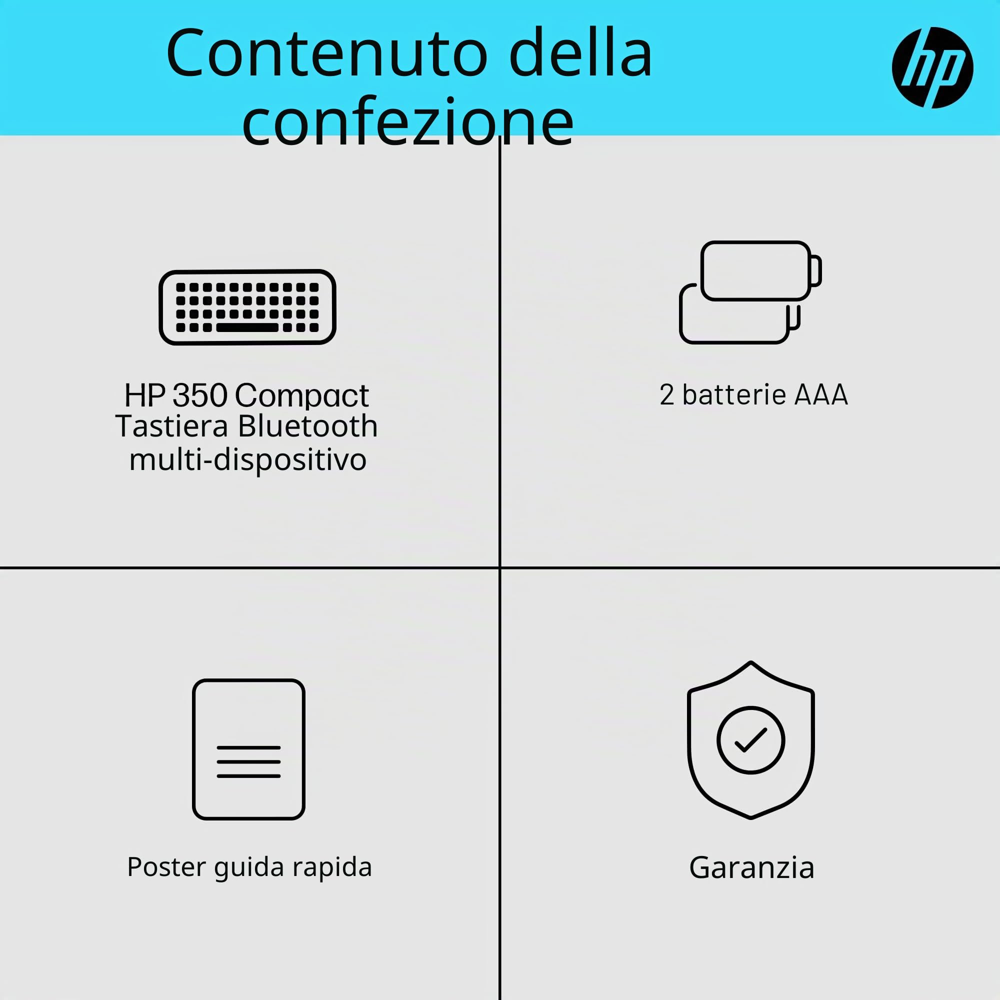 HP Tastiera Bluetooth compatta 350. Connetti fino a 3 dispositivi tramite Bluetooth 5.2, Multi-OS, con scorciatoie intelligenti, tasti di dettatura ed emoji, batteria da 2 anni, realizzata con