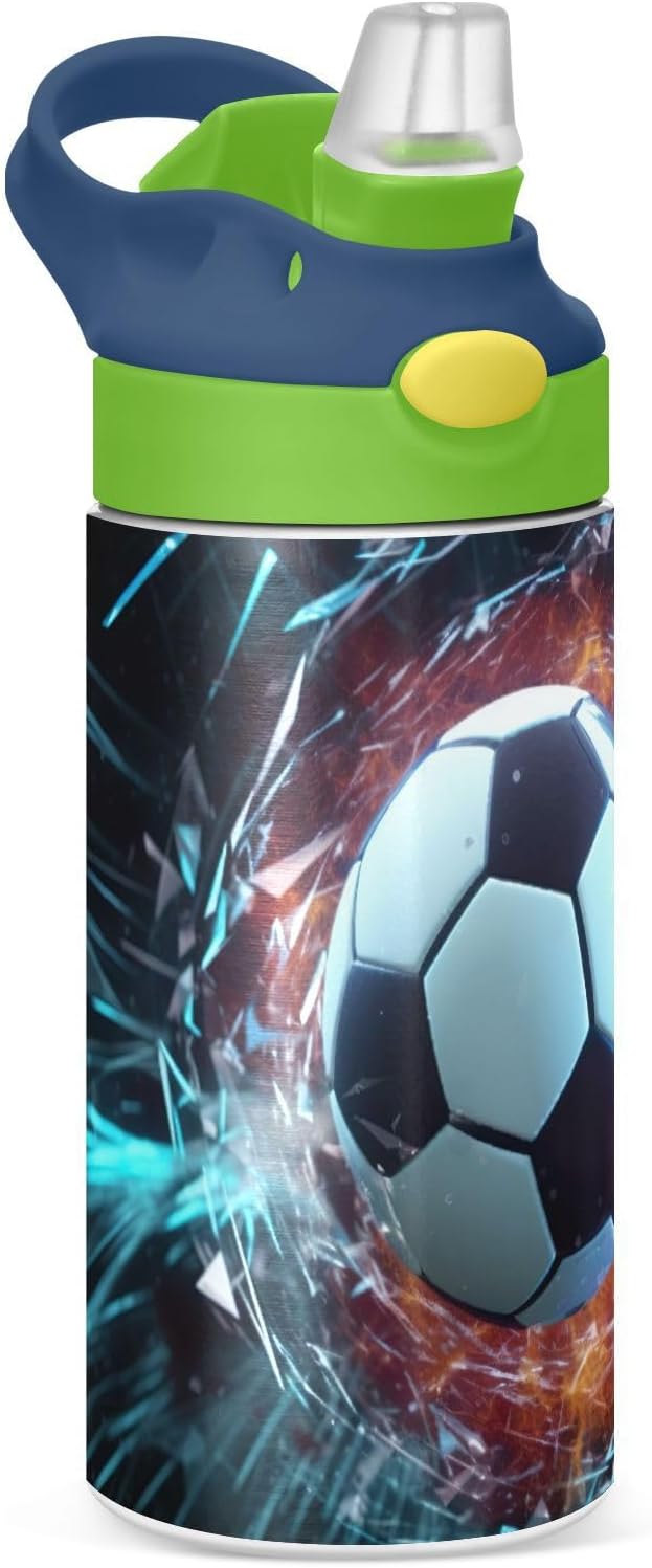 Kigai Soccer Ball Kids Water Bottle,Insulated Stainless Steel Reusable Metal Thermos Bottles, Leak-Proof Straw Lid, BPA-Free, For Boys,Girls
