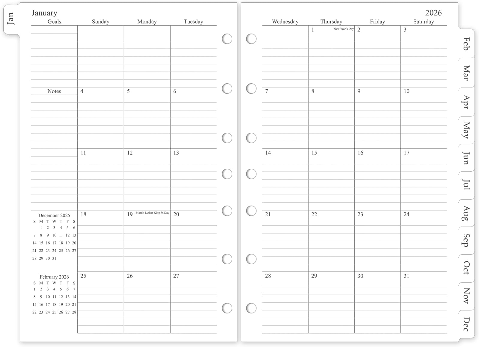 2026 Monthly Planner Refill, A5 Size Planner Inserts for 7 Ring, 5.5" x 8.5", Jan. 2026 - Dec. 2026, 12 Monthly Calendars with Laminated Tabs, 7-Hole Punched