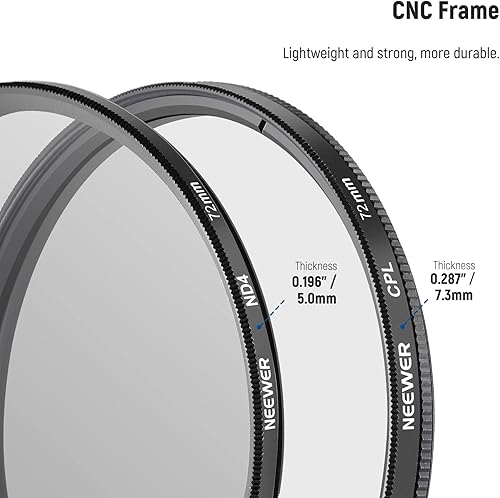 Miniatura 5 de NEEWER Kit de filtro de lente ND de 2.835 in, UV + polarizador circular (CPL) + filtros ND4 de vidrio óptico de aleación de aluminio, marco delgado,