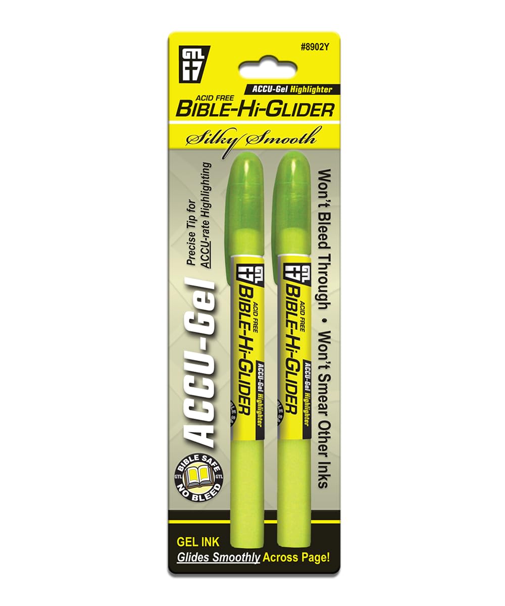G.T. Luscombe Company, Inc. Accu-Gel Bible Highlighter, Bible Study, No Bleed Solid Gel, No Smearing or Fading, Long Lasting, Bright Translucent Color Dry Marker, Yellow
