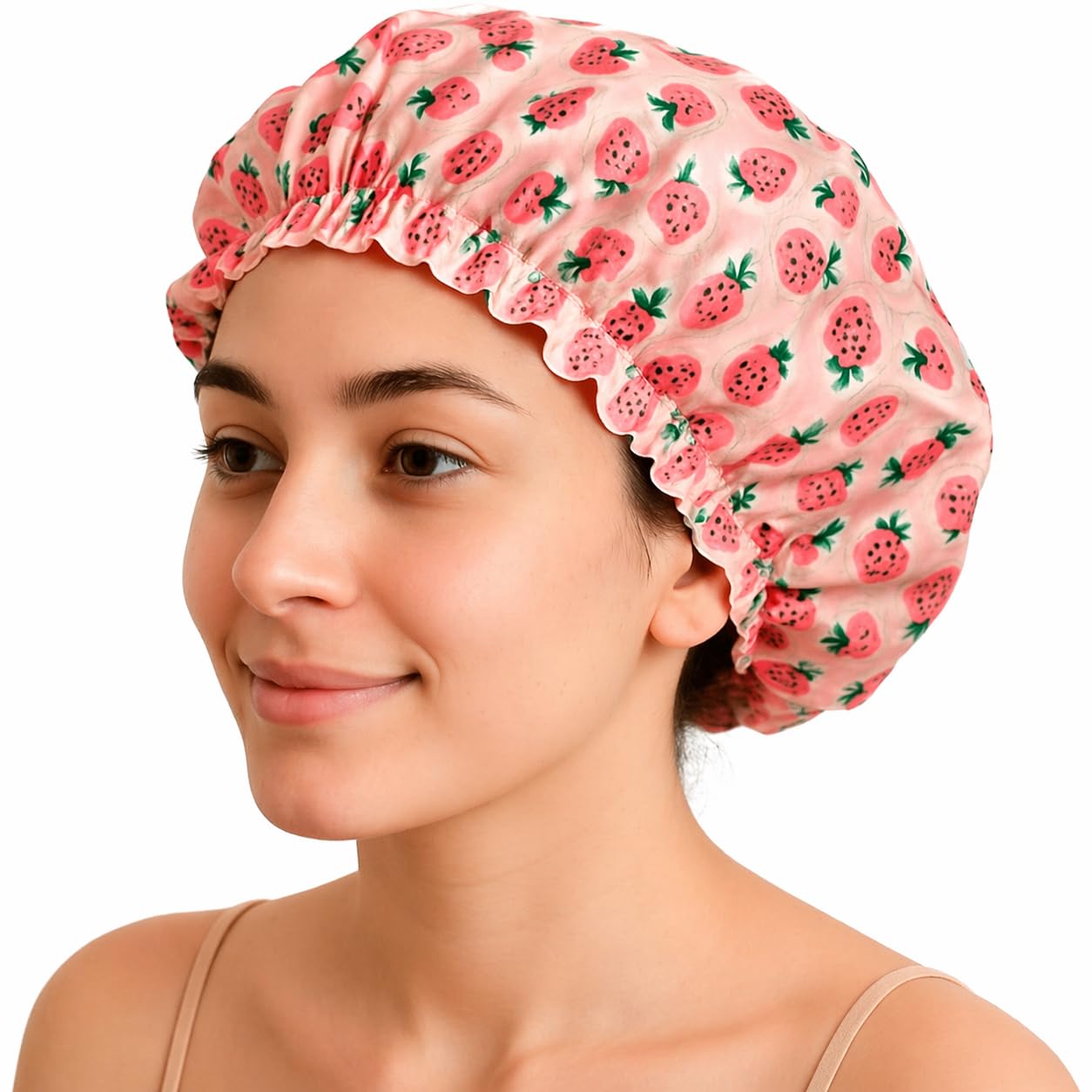 Luxury Satin Silk Hair Bonnet Cap for Women & Girls – Double Layer Shower cap - Anti-Frizz Night Cap for Curly Hair, Adjustable Elastic Band, Hair Protection Bonnet for All Hair Types - Strawberry.-picture-44