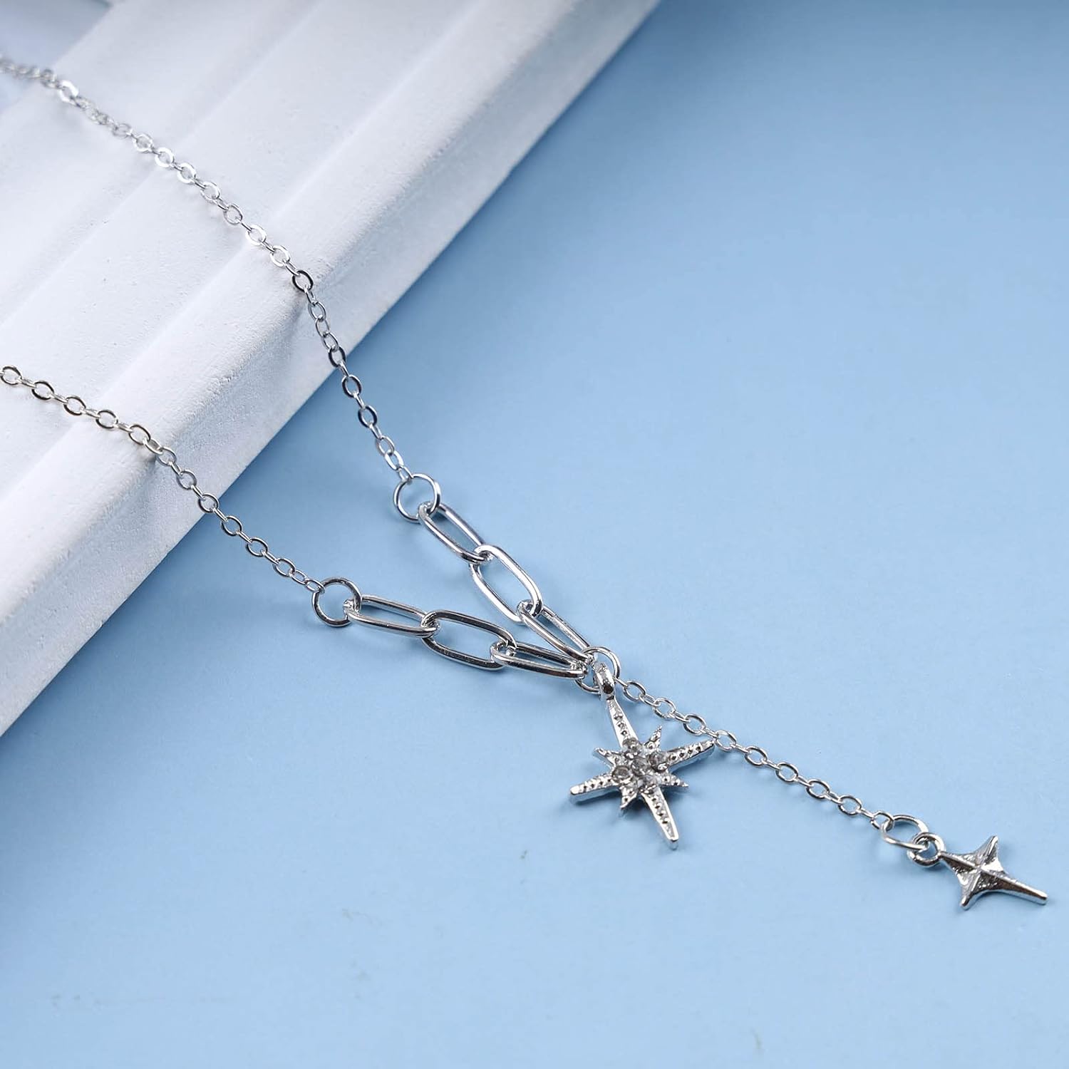 Bohemian Crystal Starburst Pendant Necklace Silver Cross Choker Necklace Crucifix Paperclip Chain Necklace Cz Star Y Lariat Necklace Jewelry for Women - Image 6