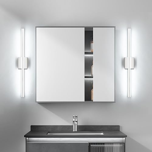 Miniatura 6 de SOLFART Lámpara LED de tocador para baño, 31.9 pulgadas, moderna, plateada, para baño, 6000 K