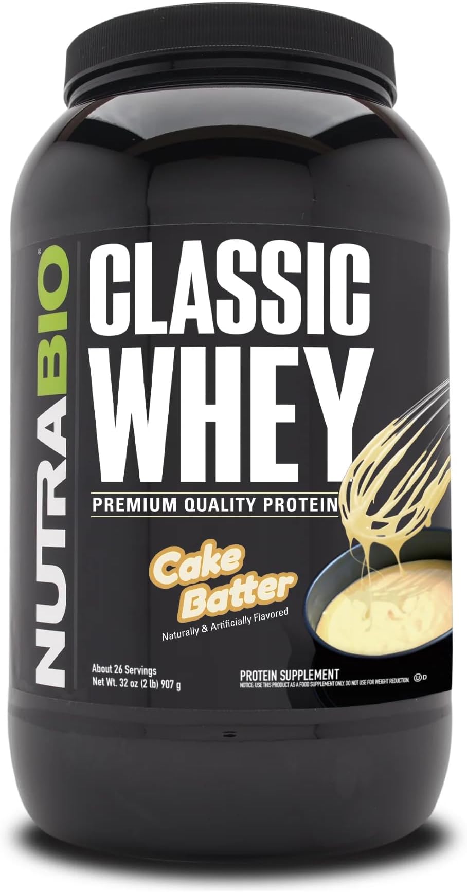 NutraBio Classic Whey Protein Powder- 25G Protein Per Scoop - Full-Spectrum Amino Acid Profile - No Fillers, Artificial Colors, Preservatives - Low Glycemic Index - (Cake Batter, 2 Pounds)