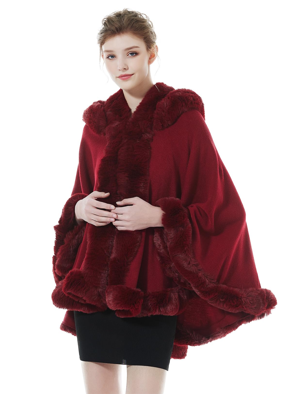 BEAUTELICATE Damen Kunstpelz Strick Poncho Cape Warm Umhang Gestrickt mit Kapuze Cardigan Brautjacke Bolero für Winter Hochzeit Abend Weihnachten