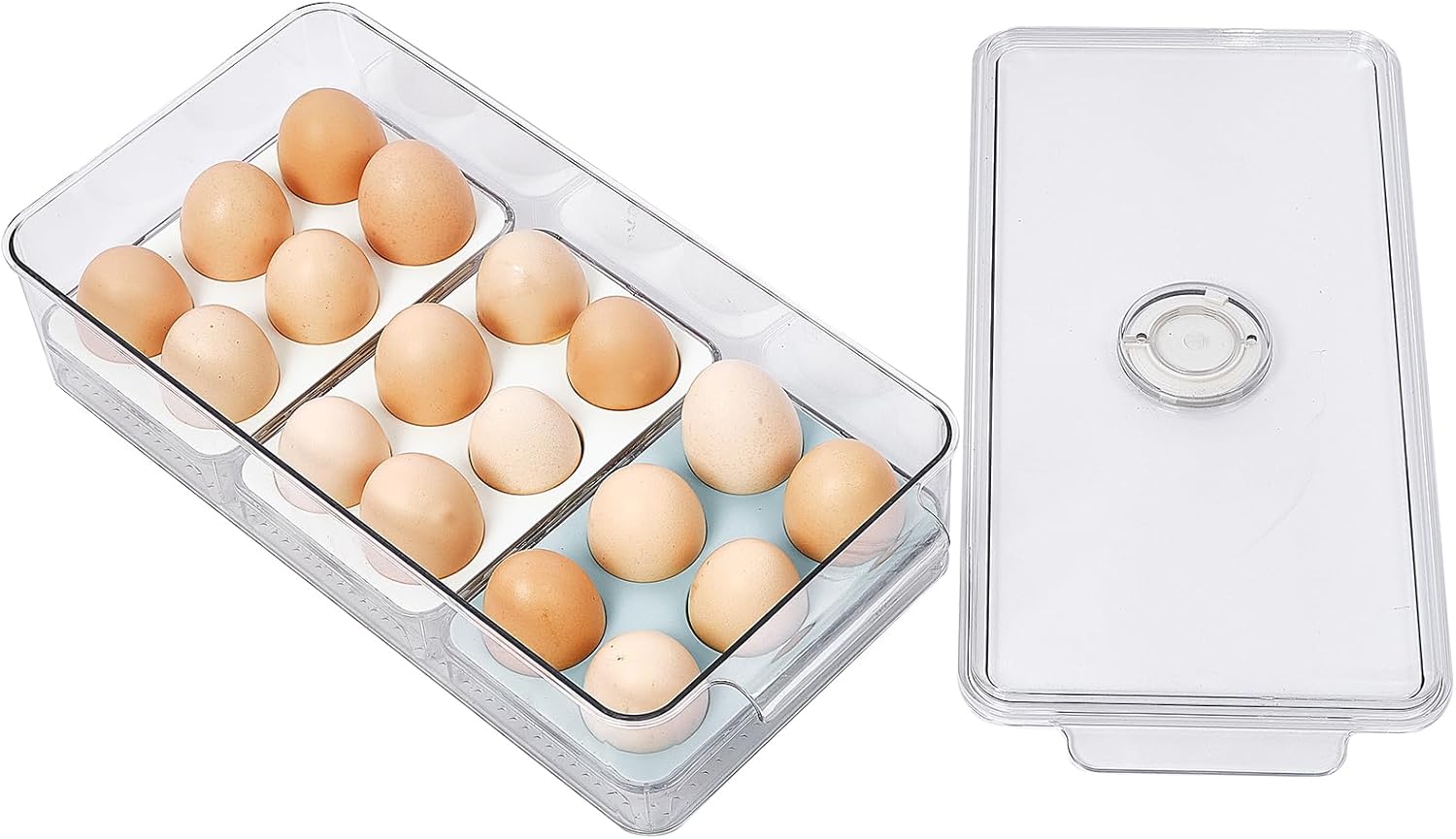 FreshKeeper Stackable Egg Holder for Fridge with Time Scale on Lid, Plastic Egg Organizer, Egg Container for Refrigerator 18 Slots (2PACK)