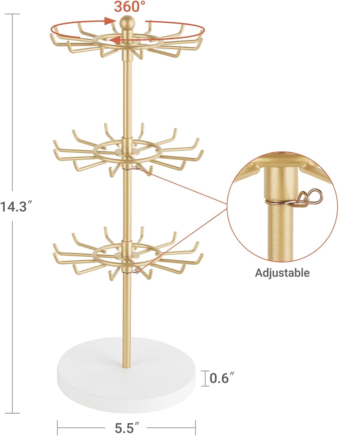 Mkono Bracelet Holder Gold Metal Rotating Bracelet Display Stand 3 Tier Jewelry Tower rack with 36 Hooks and Wood Base Modern Adjustable Storage Organizer Tree for Selling Bangle Accessories