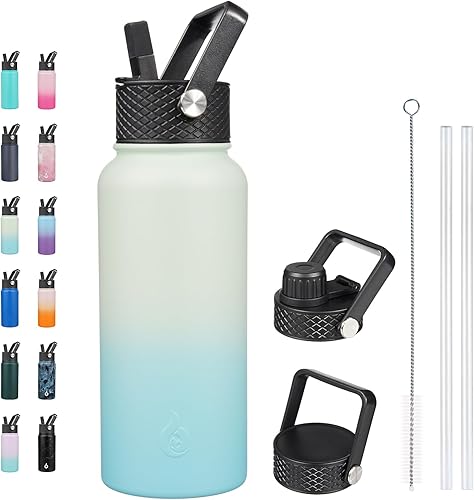 Miniatura 18 de BJPKPK Botellas de agua aisladas con tapa con pajilla, termo frío y caliente de 22 onzas, botella de agua de metal de acero inoxidable con 3 tapas,