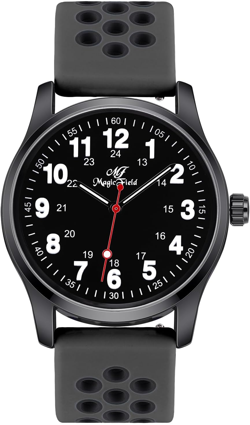 Nurse Watches for Medical Students, Doctors,Women Men Unisex Easy to Read Black Dial Military Time Second Hand Water Resistant Silicone Band Midnight Gray and Black