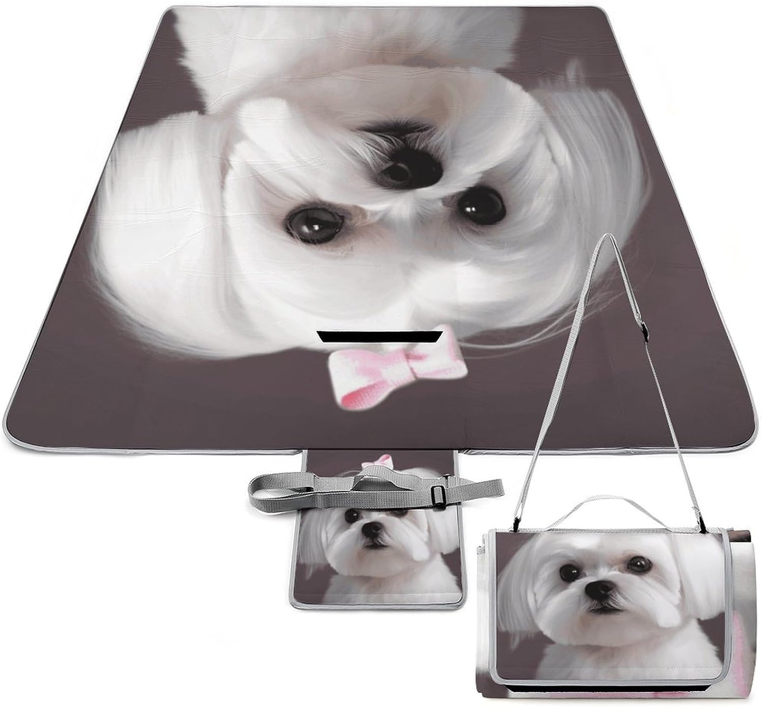 Lovely Maltese Dog Picnic Blanket Outdoor, Square Foldable Lightweight Waterproof Beach Mat (58.3" X 58.3"), Portable Travel Rug for Beach, Camping, Lawn, Parks & Family Picnics