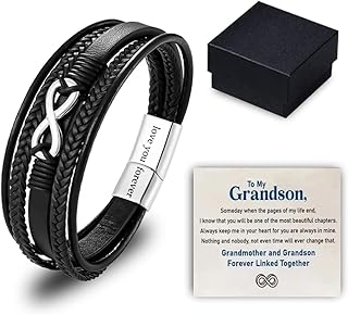 to My Grandson - Grandmother and Grandson Forever Linked Bracelet, Mens Braided Leather Bracelet Inspirational Bracelets Adjustable Wristband Bracelet Jewelry Gift for Grandson (Sliver)