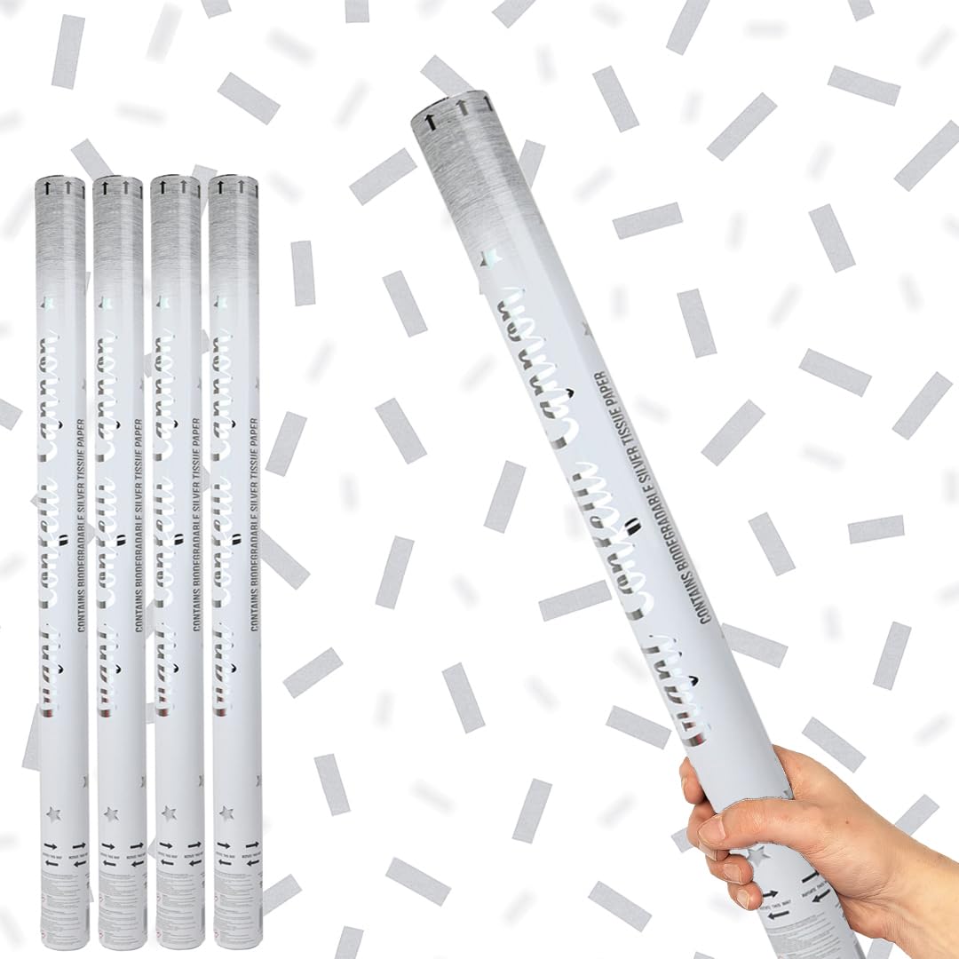 Silver Paper Biodegradable Extra Large Confetti Cannon 80cm β Pack of 4 β Party Poppers Environment Friendly Confetti Popper Shooter for Weddings, Parties, Celebrations & Events