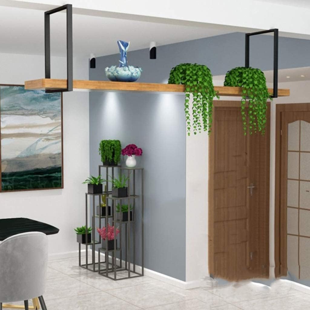 Black Wrought Iron Ceiling Frame Single-Layer Solid Wood Shelf Hanging Storage Rack for Restaurant and Bar 4 Sizes (120 * 30 * 50cm)
