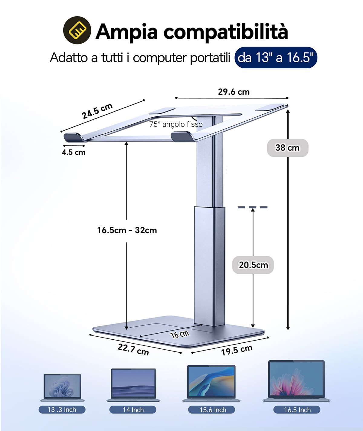 supporto pc portatile, supporto computer da seduti e in piedi, 16 livelli di altezza, standing desk converter, supporto pc dj, per portatile da 13" a 16,5", grigio