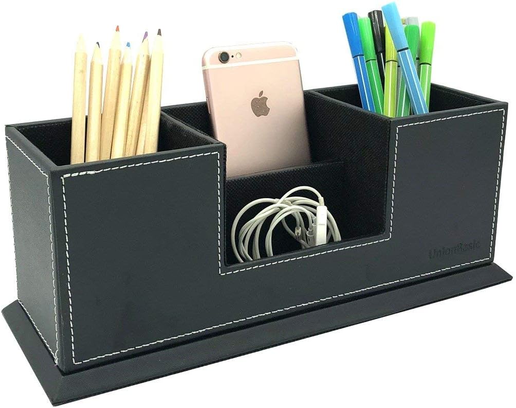 UnionBasic PU Leather 4 Compartment Desk Organizer Card/Pen/Pencil/Mobile Phone Office Supplies Holder Collection Desktop Organizer (Black) by UnionBasic