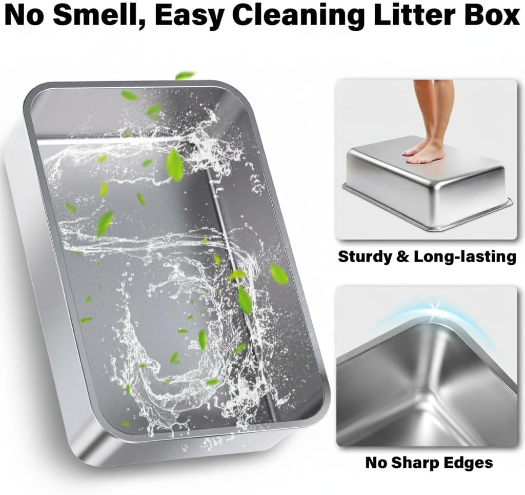 XL Stainless Steel Litter Box, Extra Large High Sided Metal Cat Litter Box with Lid and Scooper, Easy Clean, Non Stick & No Smell