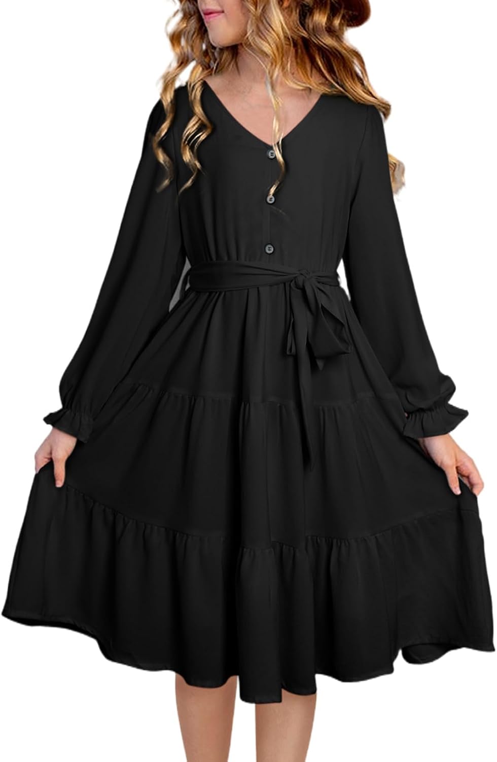 blibean Girls Long Sleeve Fall Dresses Tween Casual Ruffled Swing Formal Dressses Belt Size 6-15 Years