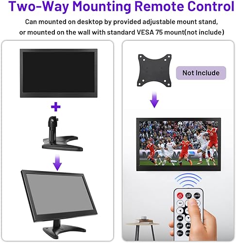 Miniatura 4 de Hikity Monitor de seguridad de 13.3 pulgadas, monitor pequeño HDMI, VGA, BNC, AV, altavoz integrado, control remoto, monitor portátil para CCTV,