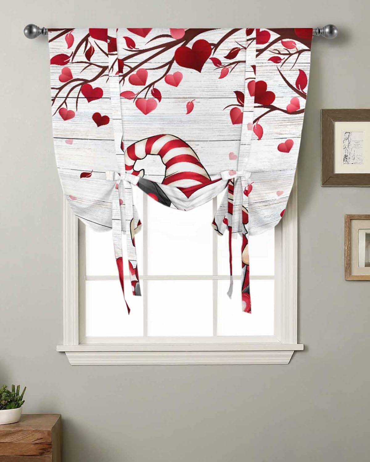 Yukro Tie Up Curtains Window Shades, Valentine's Day Romantic Gnome Love Tree Wooden Rod Pocket Tie Up Window Shade, Adjustable Balloon Curtain Shade for Blinds Kitchen Bathroom, 1 Panel, 52"x63"