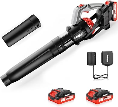 EWORK Leaf Blower Cordless, 20V 550CFM Powerful Electric Leaf Blower with 2 Batteries & Fast Charger, 3 Speed Modes, Lightweight Handheld Blowers for Lawn Care, Patio, Yard, Dust Cleaning - Red