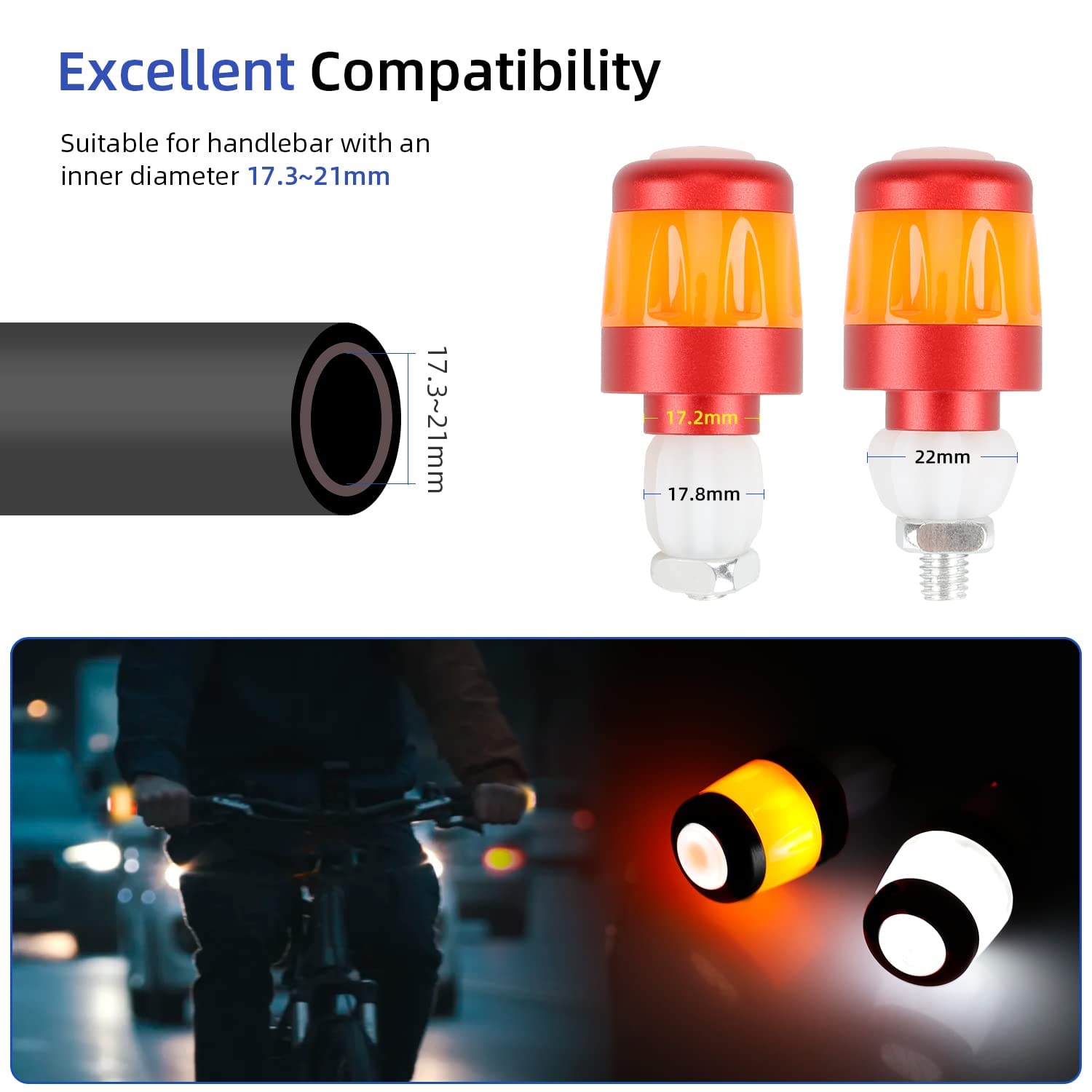 ulip Luz de giro para manillar de bicicleta, intermitentes para scooters eléctricos, recargable por USB, luces de advertencia de seguridad inteligentes, 3 modos de luz, rojo y naranja