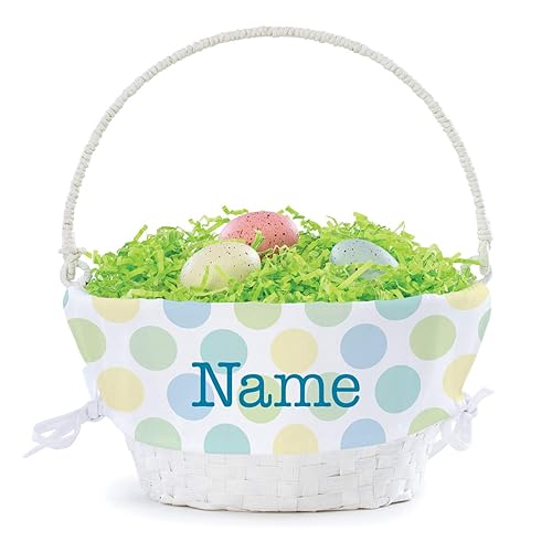 Miniatura 3 de Cesta de huevos de Pascua personalizada para él con asa y nombre personalizado, forros de cesta de Pascua de lunares, cesta blanca, cestas de Pascua