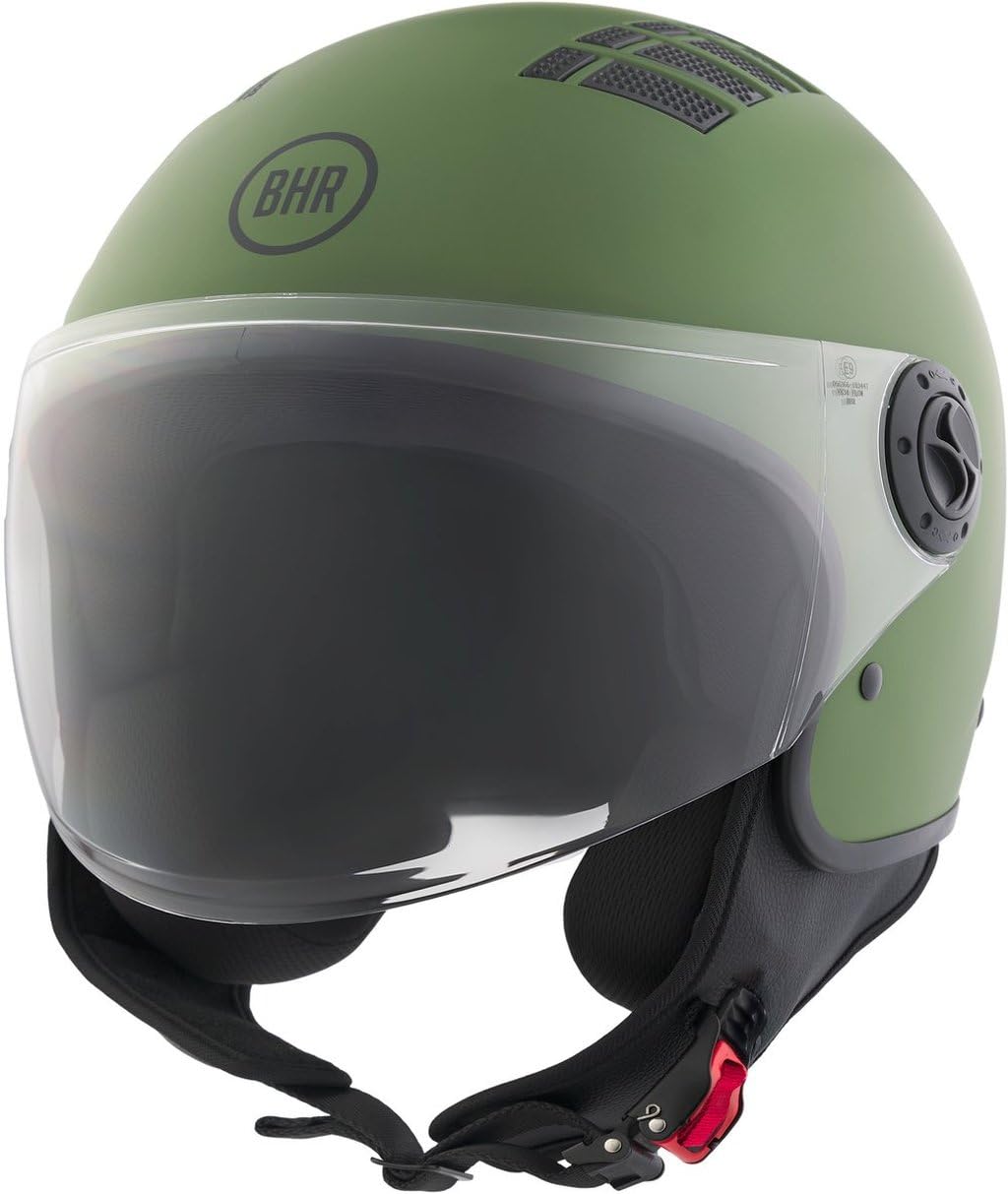 BHR Casco Demi-Jet 834 FLOW - Casco Scooter Estivo Omologato ECE 22.06 con 16 Fori di Aerazione - Visiera Antigraffio e Sgancio Micrometrico, Verde Opaco, L