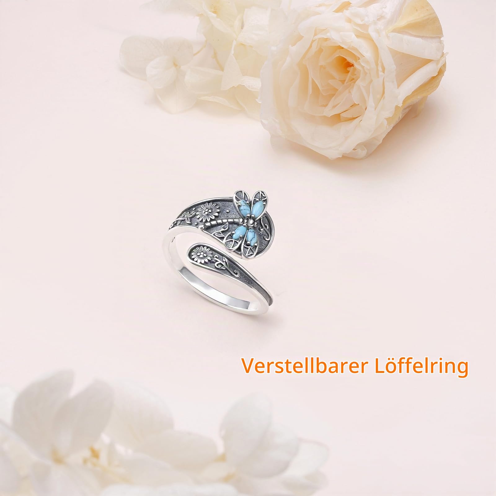Verstellbarer Ring mit Libellen-/Lotus-/Kolibri-/Kreuzmotiv für Frauen und Mädchen 925 Sterlingsilber antike Blumen-Löffelringe oxidiert inspirierender Bandschmuck
